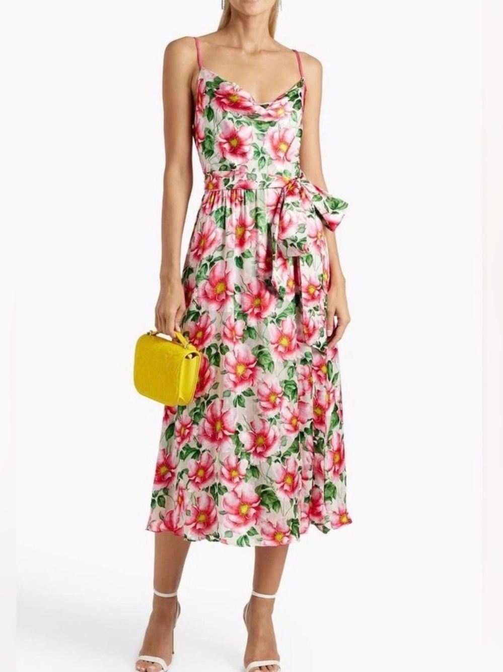 Alice + Olivia Samantha Draped Floral-Print Satin Midi Dress, NEW